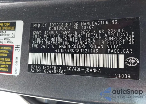 2008 Toyota Camry Ce/Le/Xle/Se из США, поврежденный, VIN 4T1BE46K38U224146